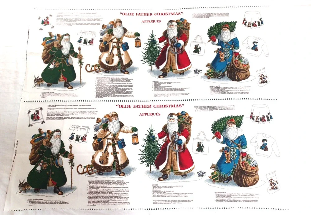 VTG Old Father Christmas Santas Appliques Holiday Appliques Panel Cotton Fabric